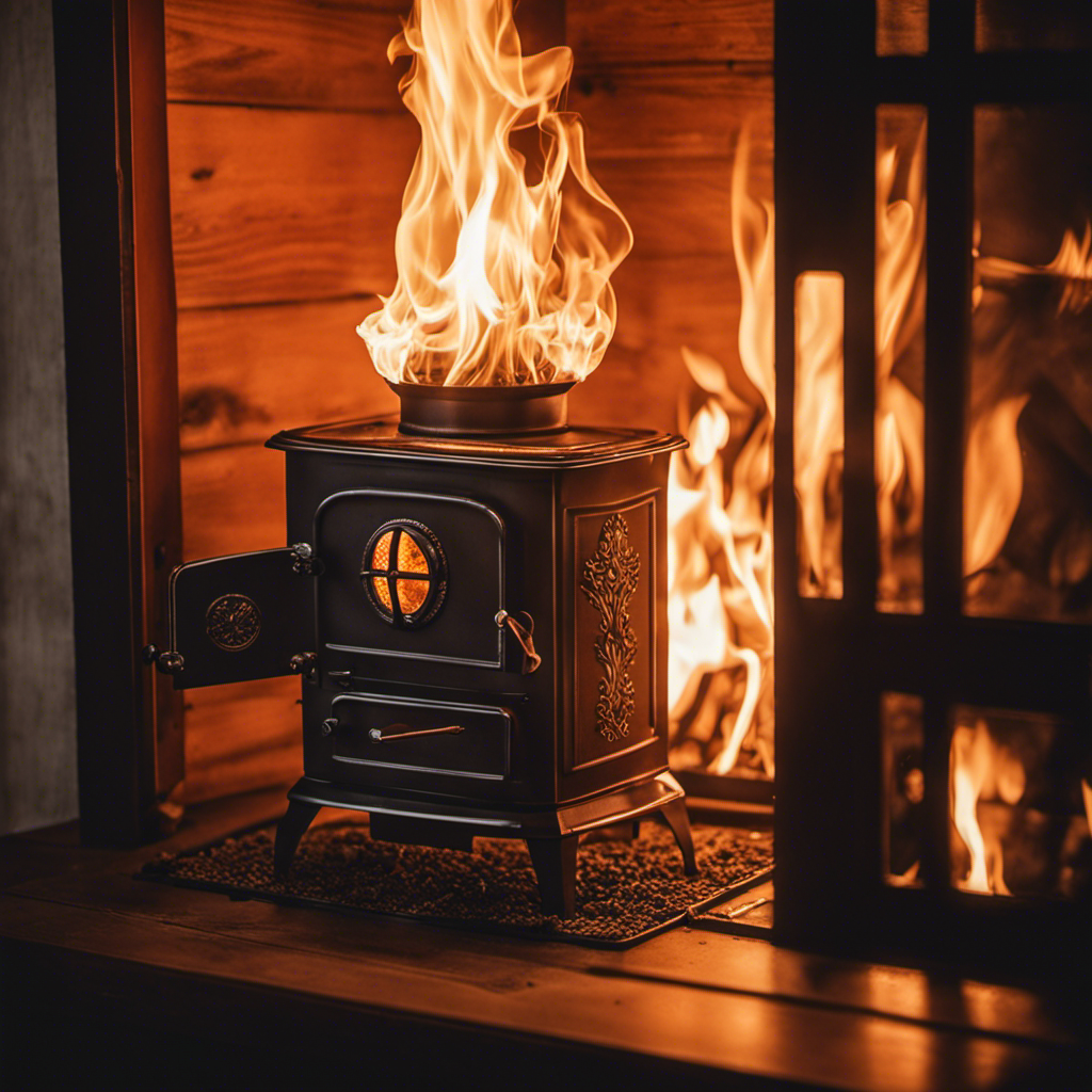 An image showcasing a close-up of a hand gently turning the knob on a wood pellet stove, with the flames dancing brightly inside the glass door and a plume of smoke rising from the chimney