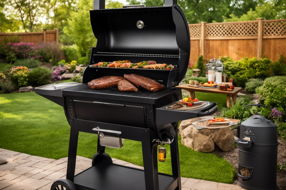 An image of a backyard setting with a wood pellet grill at the center