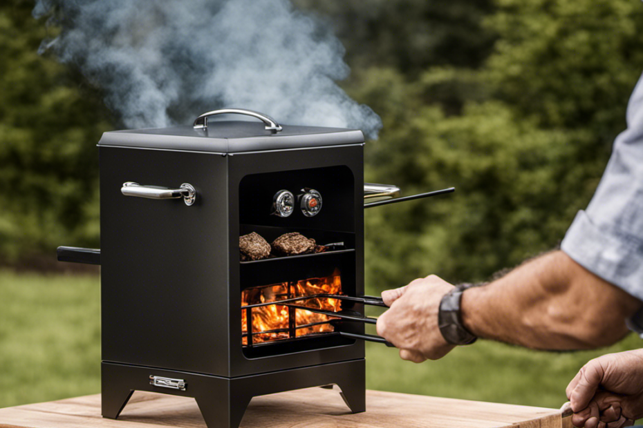 An image capturing the step-by-step process of using a wood pellet smoker cube: a hand holding the cube, placing it on a grill grate, igniting it with a lighter, and smoke billowing out