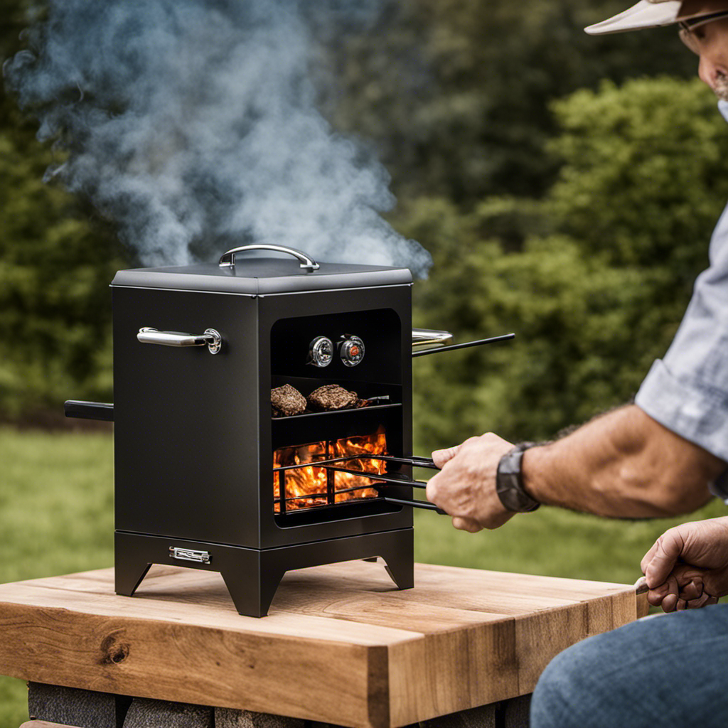 An image capturing the step-by-step process of using a wood pellet smoker cube: a hand holding the cube, placing it on a grill grate, igniting it with a lighter, and smoke billowing out