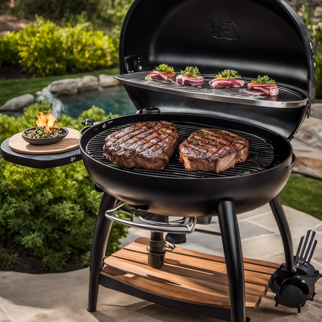 An image showcasing a succulent ribeye steak sizzling on a Traeger Wood Pellet Grill, surrounded by flavorful smoke