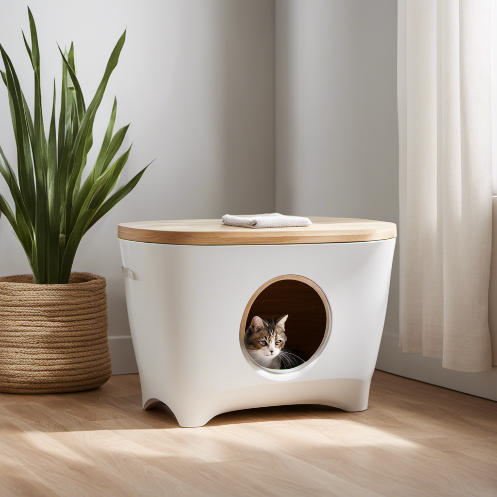 An image capturing a serene bathroom setting, featuring a sleek litter box filled with soft, natural wood pellet cat litter