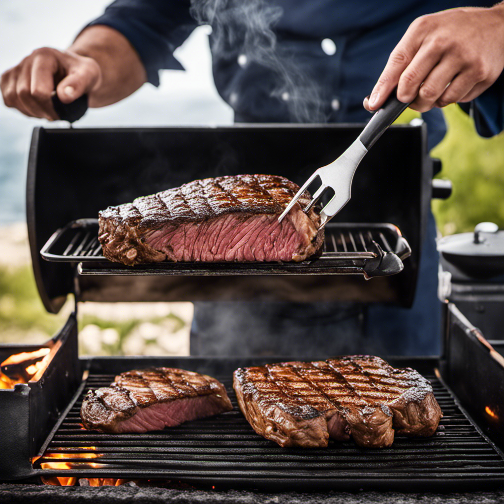 An image showcasing a chef effortlessly searing a juicy steak on a wood pellet grill, with plumes of aromatic smoke enveloping the perfectly charred meat, and the grill's temperature gauge set to perfection