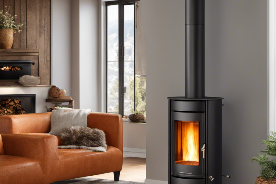 An image showcasing the warm and cozy ambiance of a living room, featuring a crackling wood stove radiating a soft orange glow, juxtaposed with a sleek and modern pellet stove emitting a clean and efficient warmth