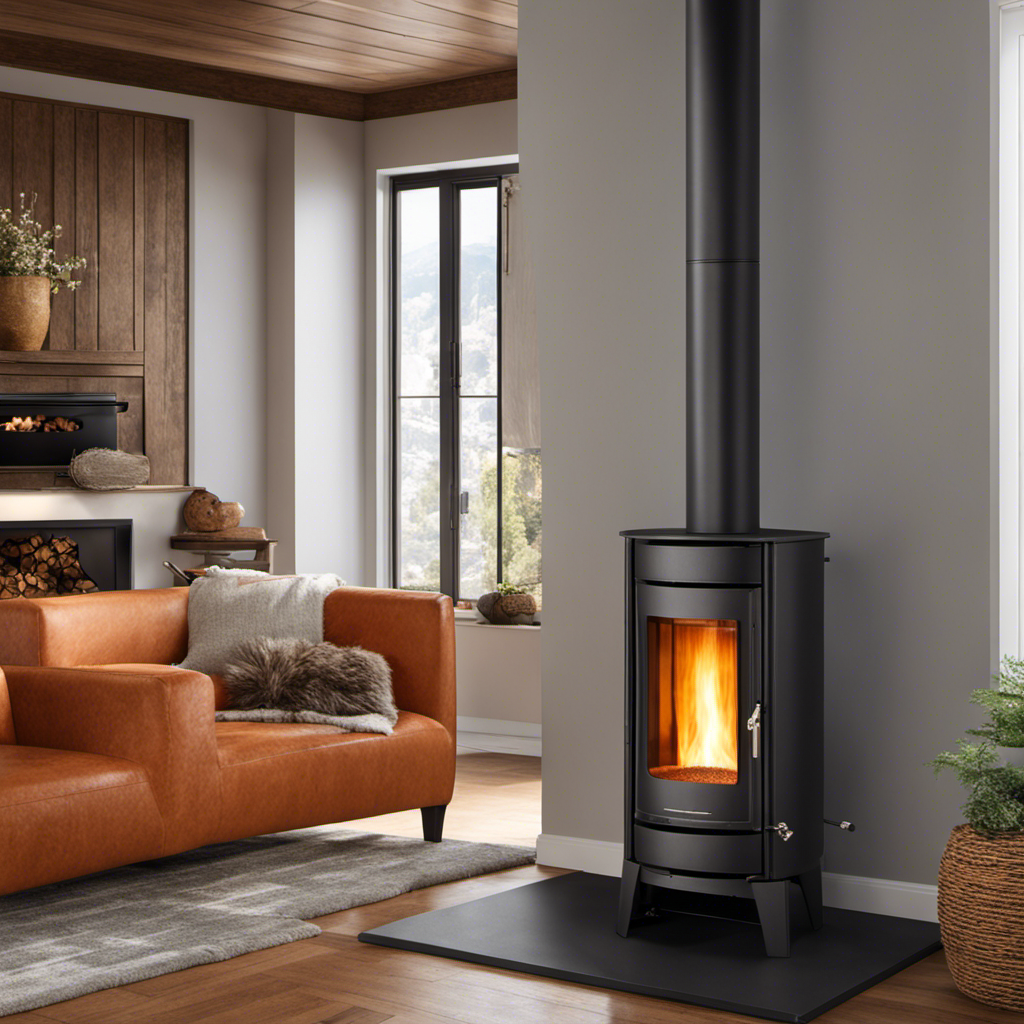 An image showcasing the warm and cozy ambiance of a living room, featuring a crackling wood stove radiating a soft orange glow, juxtaposed with a sleek and modern pellet stove emitting a clean and efficient warmth