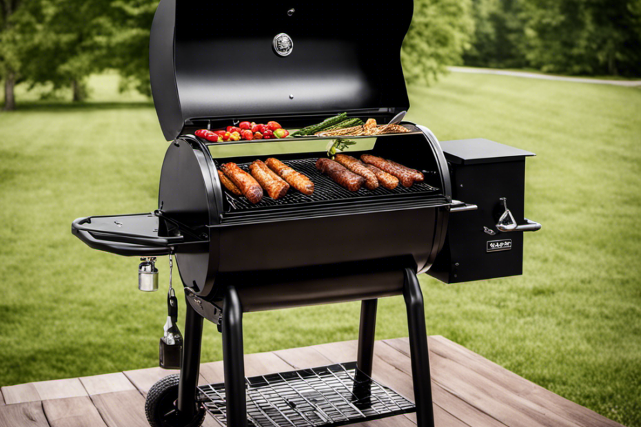 An image showcasing the Pit Boss 820 Pellet Grill in action, with a clear view of the pellet hopper