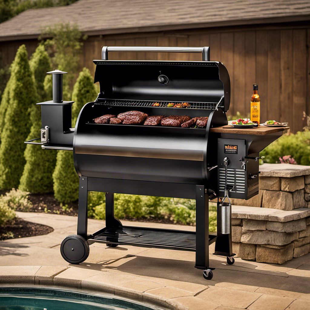 An image showcasing a Traeger Wood Pellet Grill in action: thick, juicy steaks sizzling on the grates, a flavorful smoke enveloping the meat, and a skilled chef effortlessly adjusting the grill's temperature with precision