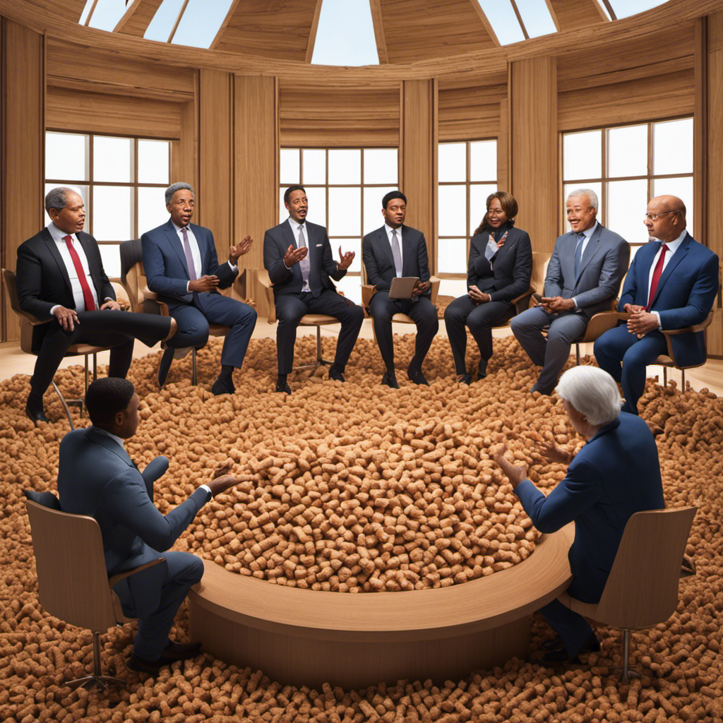 An image depicting a diverse group of politicians engaged in a panel discussion, surrounded by stacks of wood pellets