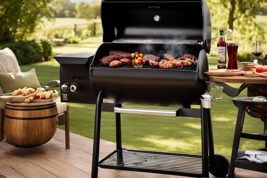 An image showcasing a smoky backyard barbecue scene with a pellet grill, highlighting the diverse array of premium wood pellet flavors, including hickory, apple, mesquite, and cherry, neatly arranged on a wooden table