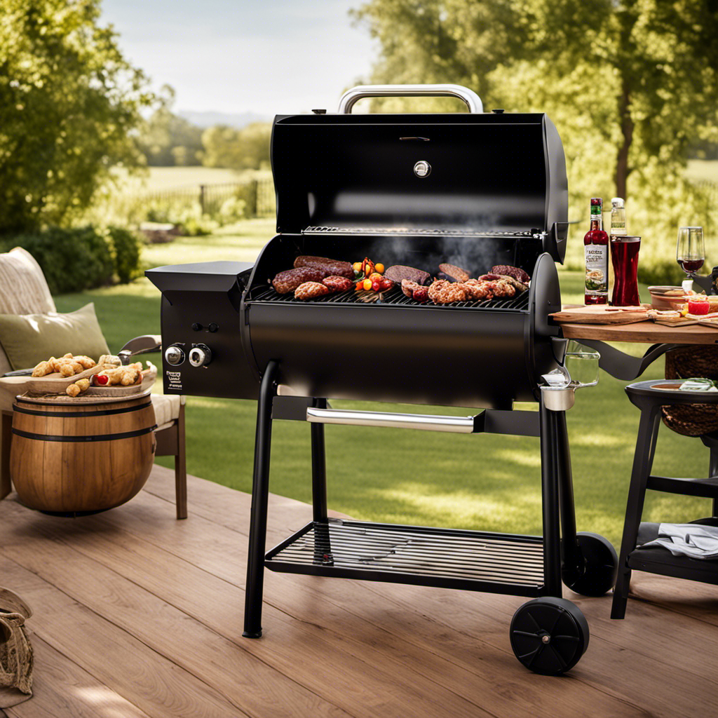 An image showcasing a smoky backyard barbecue scene with a pellet grill, highlighting the diverse array of premium wood pellet flavors, including hickory, apple, mesquite, and cherry, neatly arranged on a wooden table