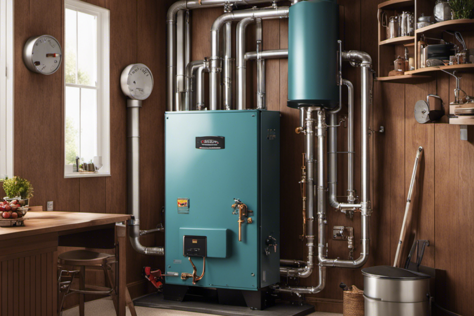 An image showcasing a skilled technician expertly installing a wood pellet boiler system in a cozy utility room