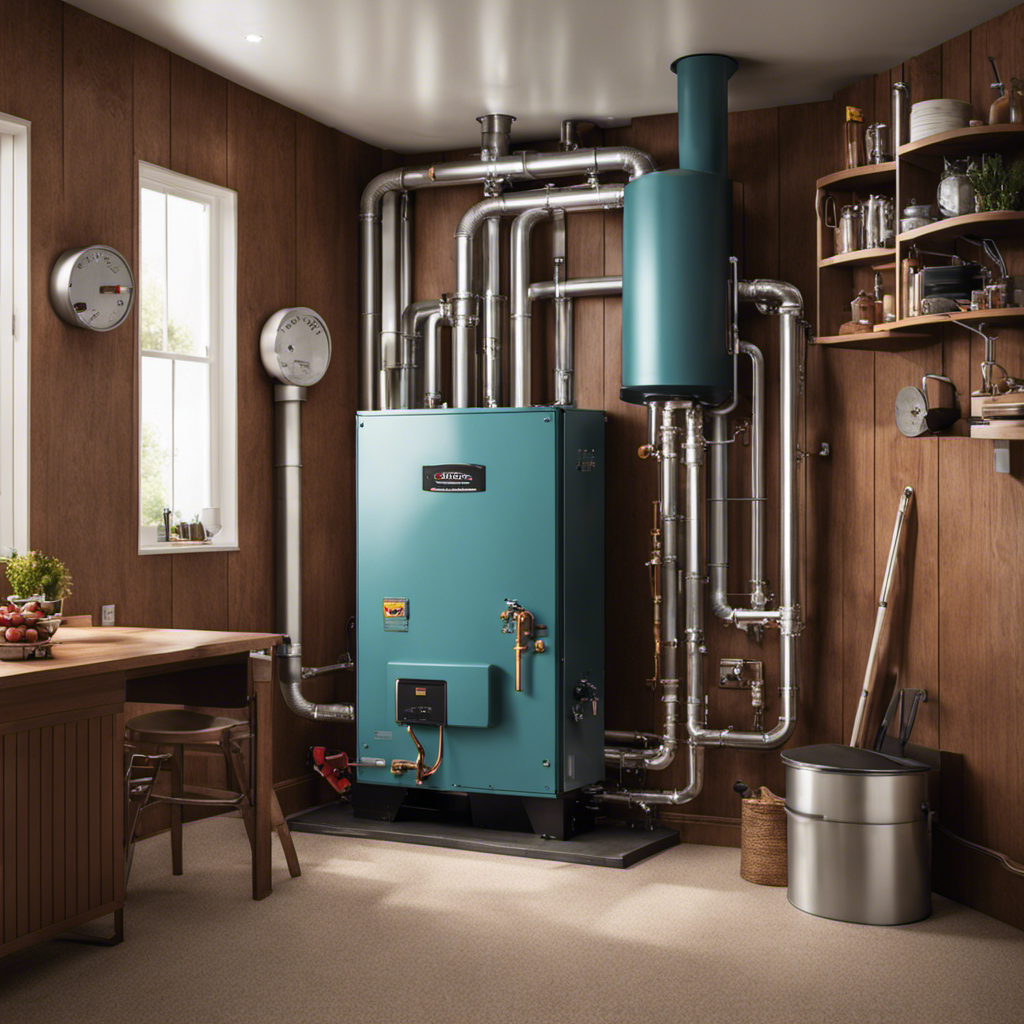 An image showcasing a skilled technician expertly installing a wood pellet boiler system in a cozy utility room