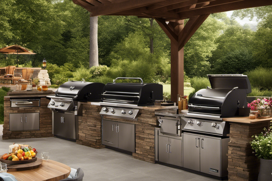 An image showcasing a panoramic view of a backyard, featuring the remarkable presence of two enormous wood pellet grills side by side, exemplifying the colossal size and power of the largest models available in 2019