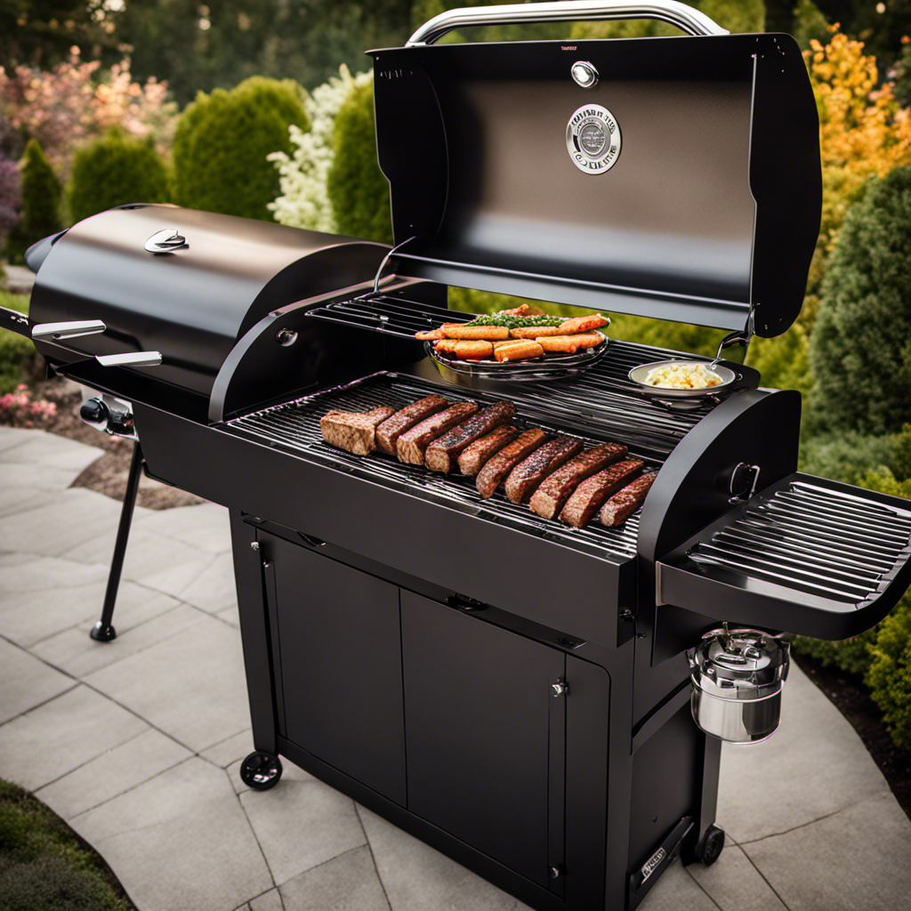 An image showcasing a sleek wood pellet grill in action, with thick billows of smoky aroma enveloping succulent cuts of meat