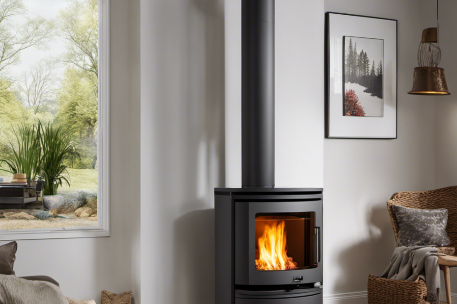 An image that showcases a cozy living room with a modern wood pellet stove as the focal point