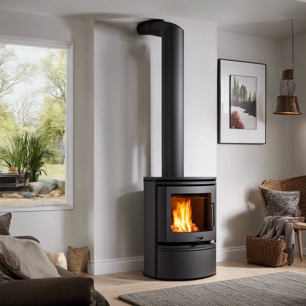 An image that showcases a cozy living room with a modern wood pellet stove as the focal point