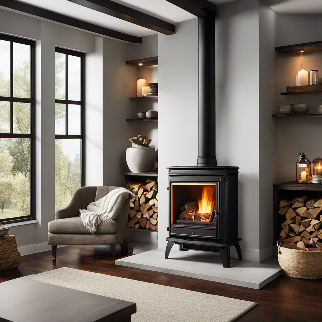 An image contrasting a cozy, wood-burning stove emitting radiant warmth against a sleek gas fireplace, both set in an unheated space