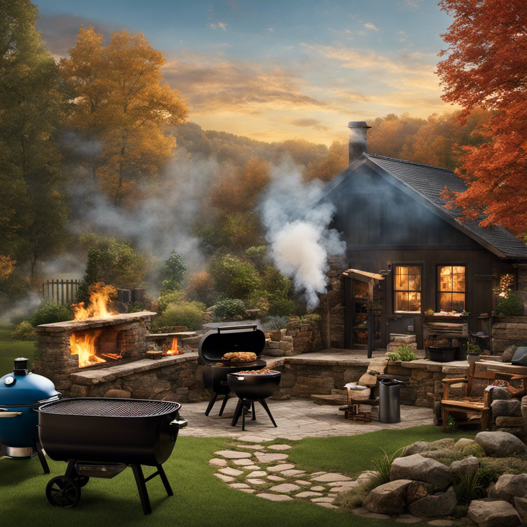 An image featuring a rustic backyard scene with a smoking grill at the center