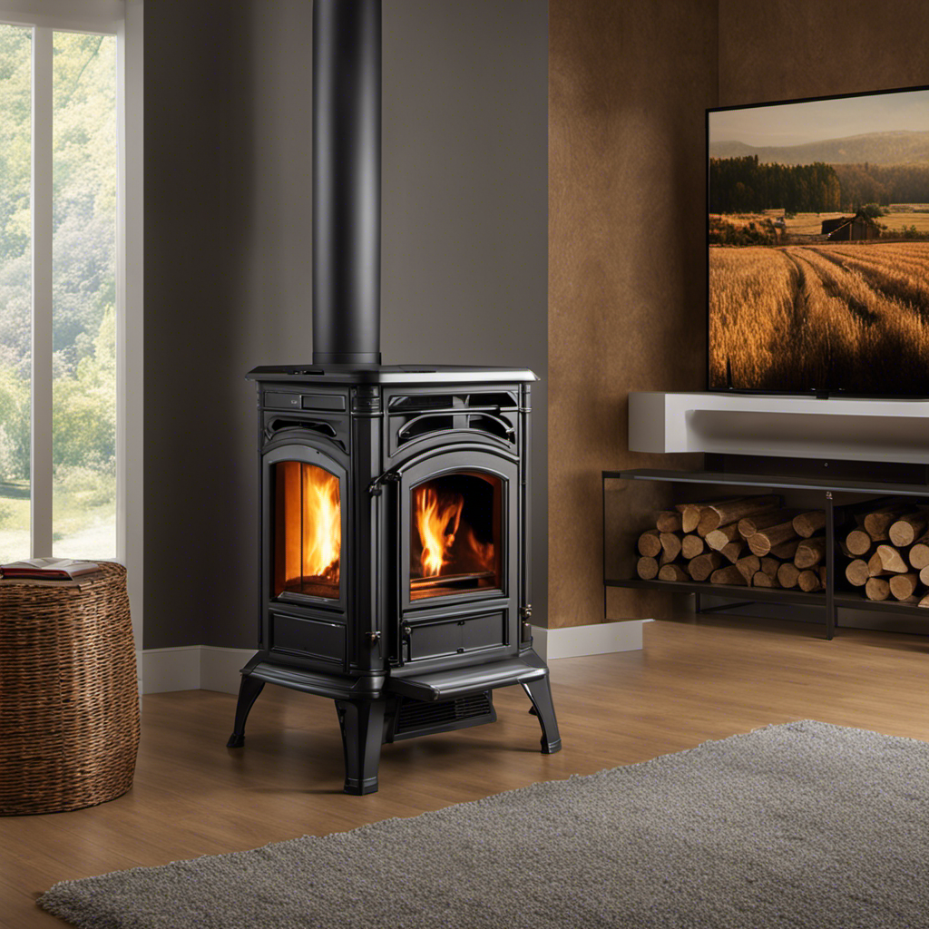 An image showcasing the contrasting aesthetics and functionality of a sleek, modern pellet stove nestled beside a rustic, traditional wood stove, with flames dancing in both, capturing the essence of the timeless debate