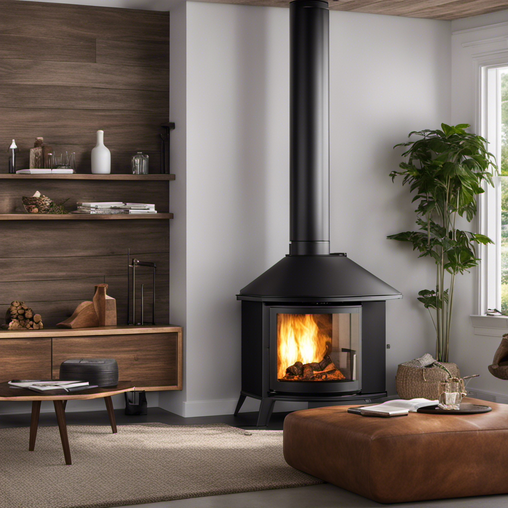 An image showcasing a cozy living room with a modern, sleek pellet stove in one corner, emitting a warm, ambient glow, while a rustic wood stove radiates a traditional charm in the opposite corner