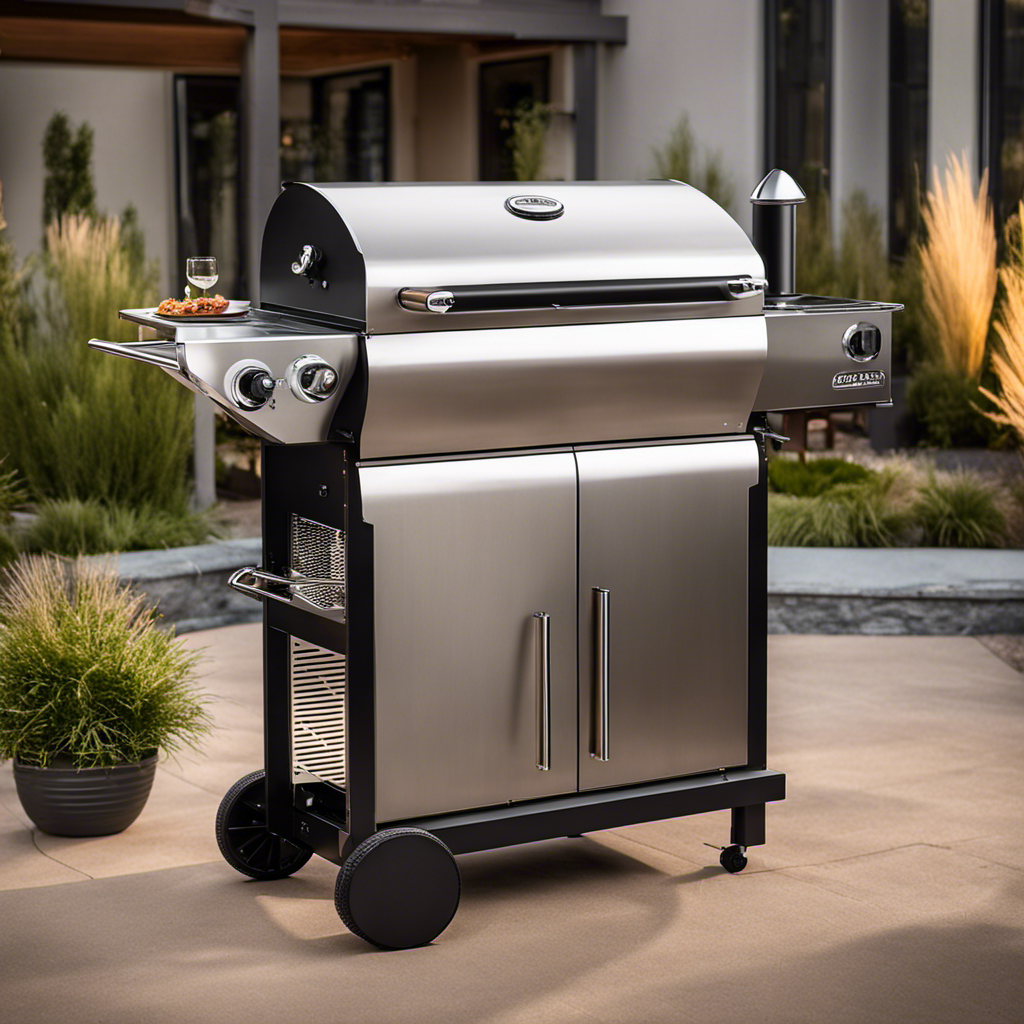 An image showcasing a sleek, stainless steel wood pellet grill with a digital control panel, a large cooking surface, and a built-in temperature probe, surrounded by plumes of aromatic smoke