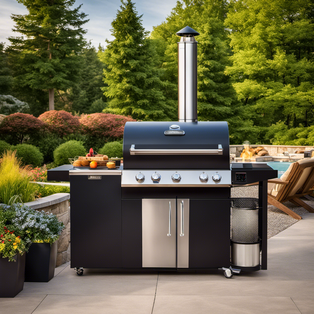 An image showcasing a sleek, stainless steel wood pellet grill with a large cooking surface, a digital temperature control panel, and smoke billowing out from the chimney, surrounded by a lush backyard setting