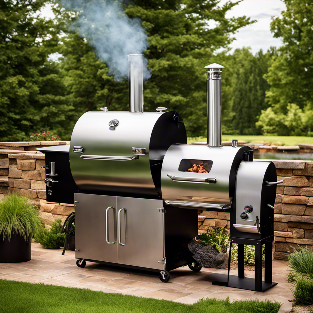 An image showcasing a backyard patio with a sleek, stainless steel wood pellet smoker at the center