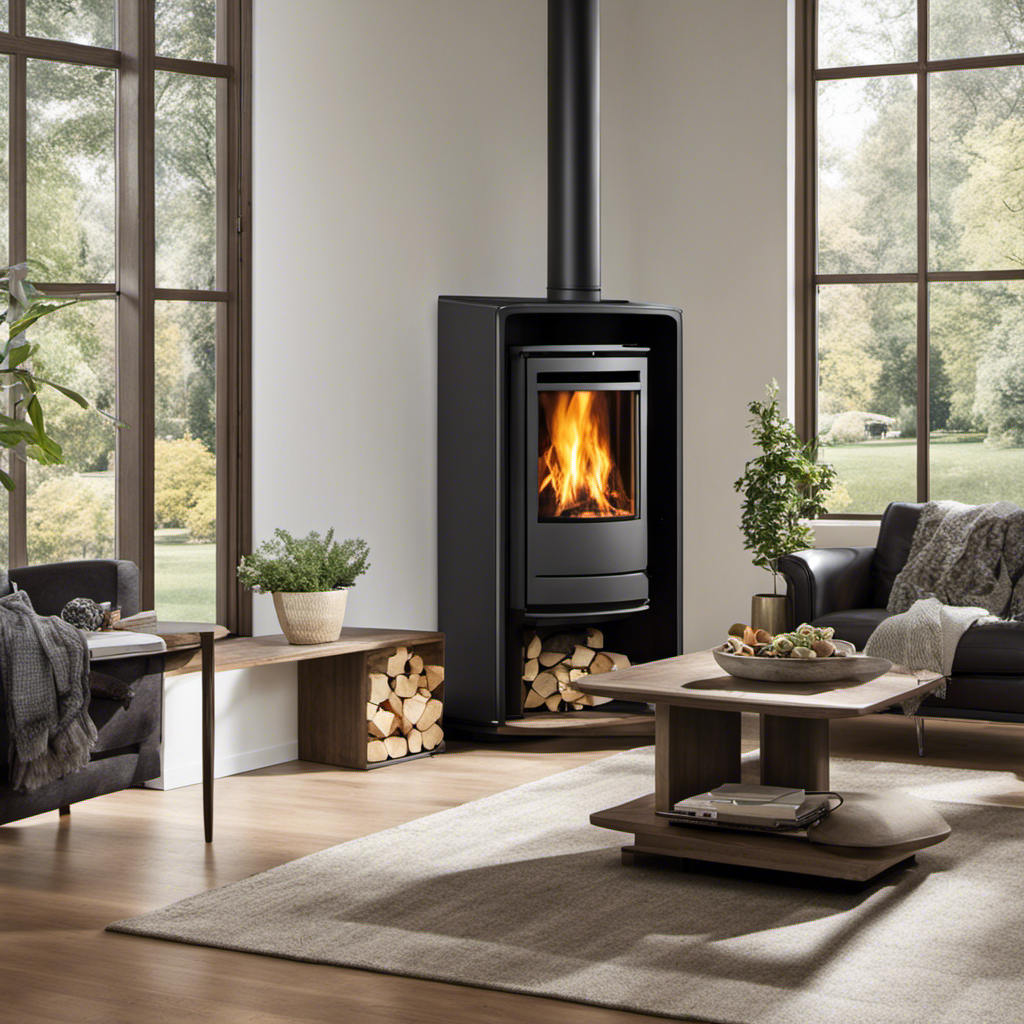 An image showcasing a picturesque living room with a cozy wood pellet stove as the focal point