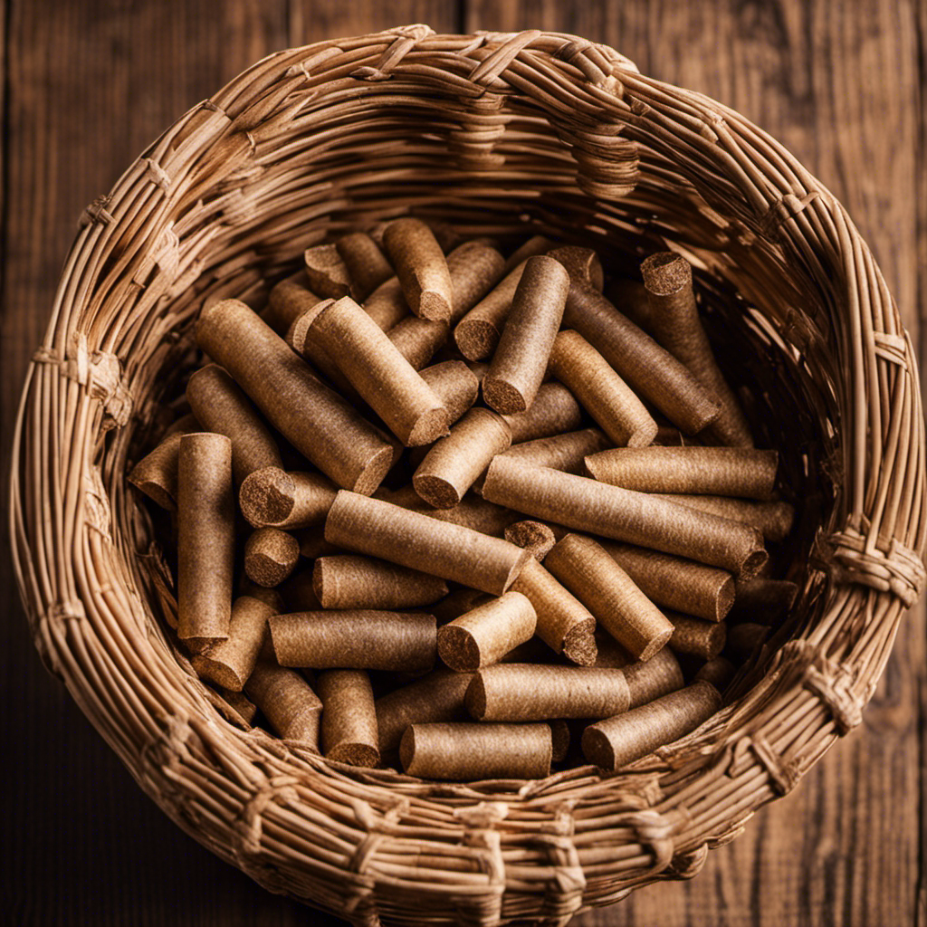 An image showcasing a stack of smooth, cylindrical wood pellets in earthy hues, neatly arranged in a rustic wicker basket