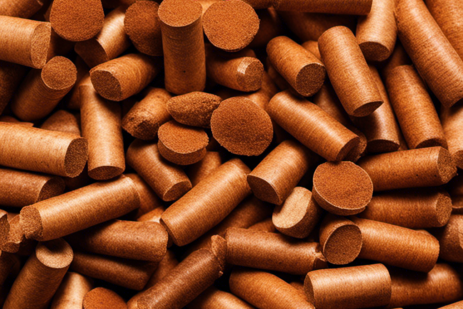 An image showcasing a close-up of high-quality wood pellets, perfectly cylindrical in shape, with a smooth and glossy surface