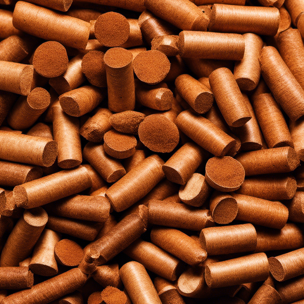 An image showcasing a close-up of high-quality wood pellets, perfectly cylindrical in shape, with a smooth and glossy surface