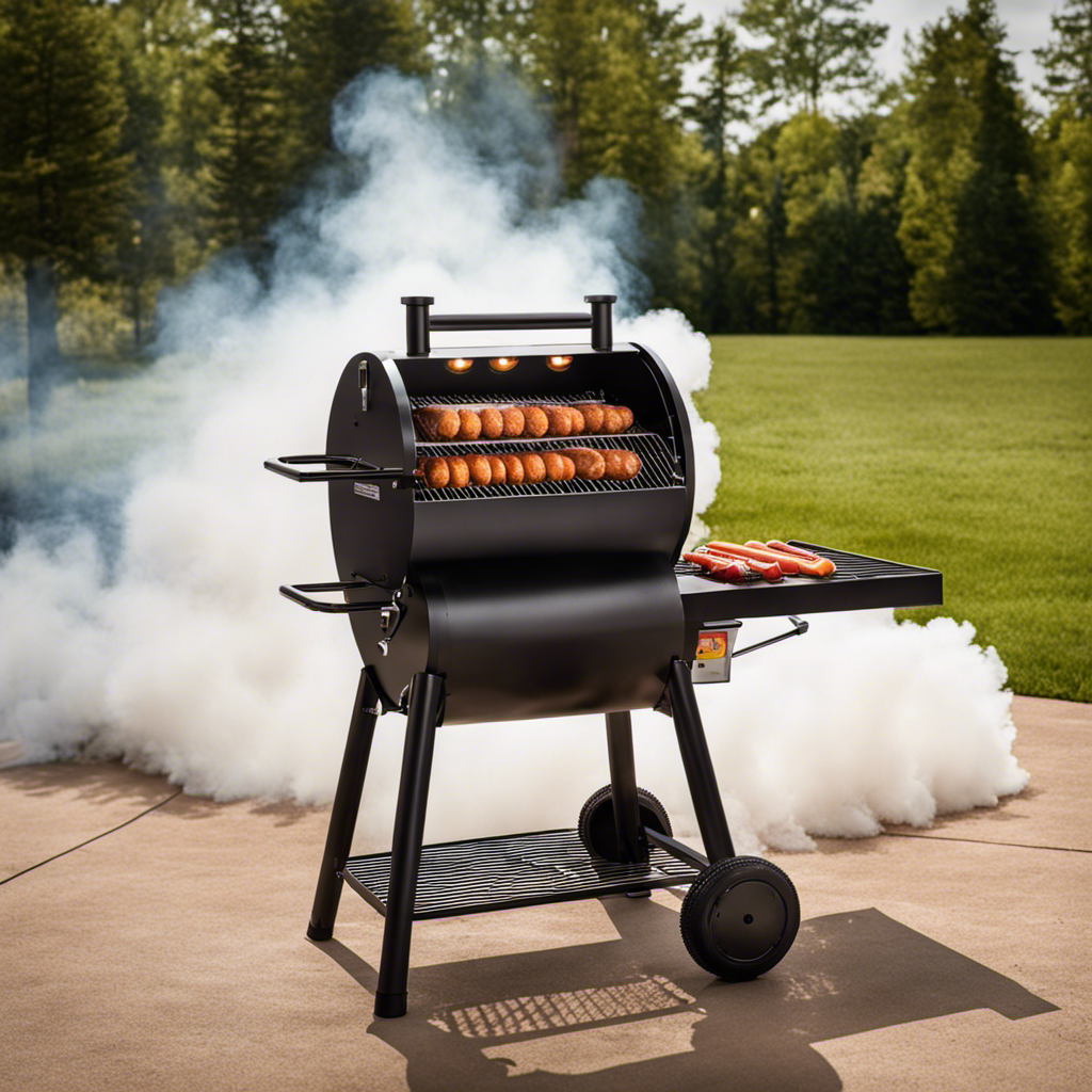 An image showcasing a wood pellet grill with a chicken hot dog placed on the grates, surrounded by billowing smoke