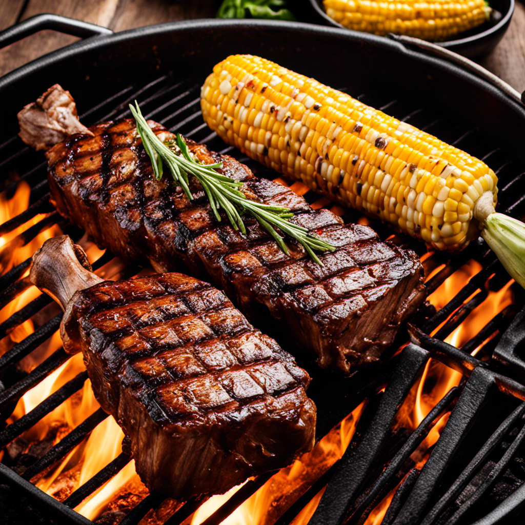 An image showcasing a smoky wood pellet grill in action, with sizzling caramelized grill marks on tender ribeye steaks, perfectly charred corn on the cob, and a medley of colorful grilled veggies