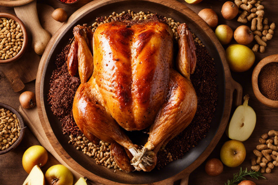 An image featuring a plump, perfectly smoked chicken surrounded by a variety of wood pellets such as hickory, applewood, and mesquite, showcasing their distinct colors, textures, and aromas