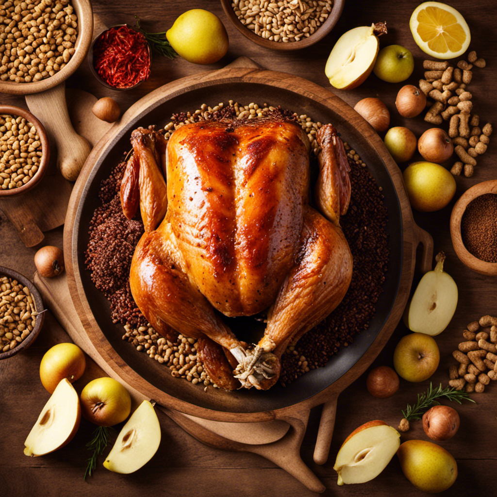An image featuring a plump, perfectly smoked chicken surrounded by a variety of wood pellets such as hickory, applewood, and mesquite, showcasing their distinct colors, textures, and aromas