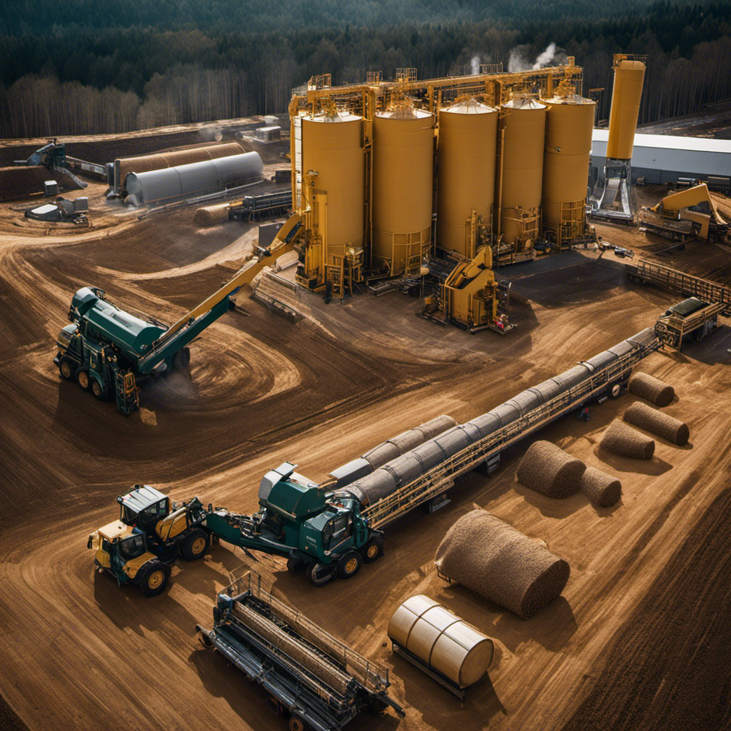 An image capturing the bustling scene of a wood pellet operation in full swing: towering machinery churning out smooth, cylindrical pellets, workers in protective gear overseeing the process, and conveyor belts transporting the pellets with precision