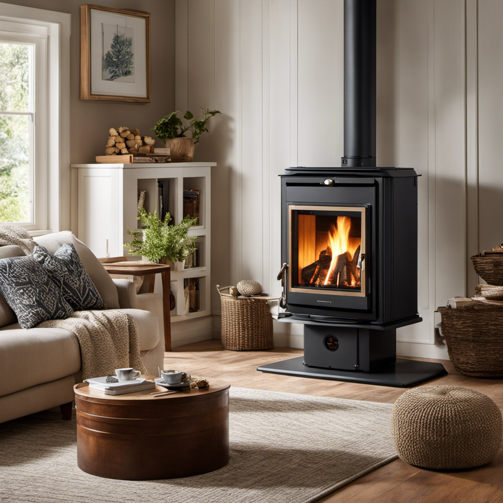 An image showcasing a cozy living room with a wood pellet stove as the focal point, radiating gentle warmth