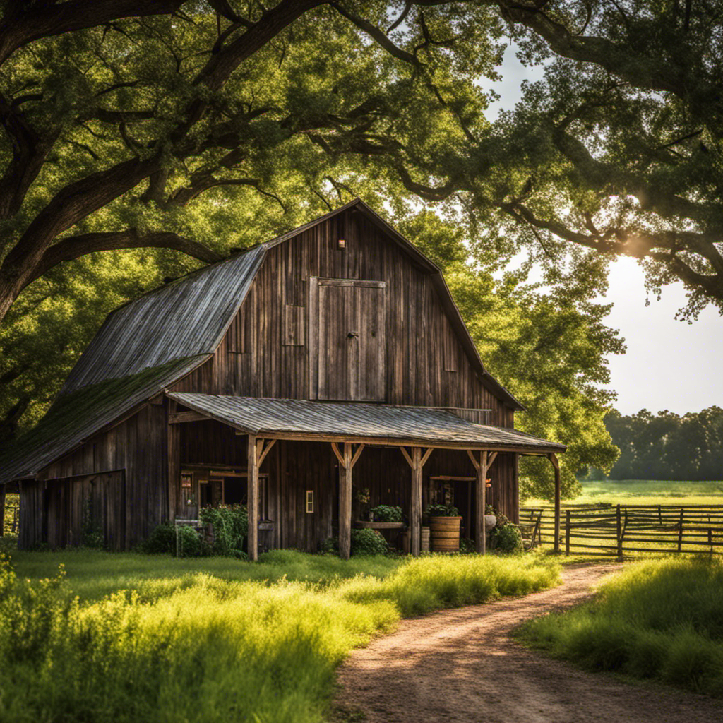 An image showcasing a rustic barn nestled amidst lush greenery in Ponder, TX