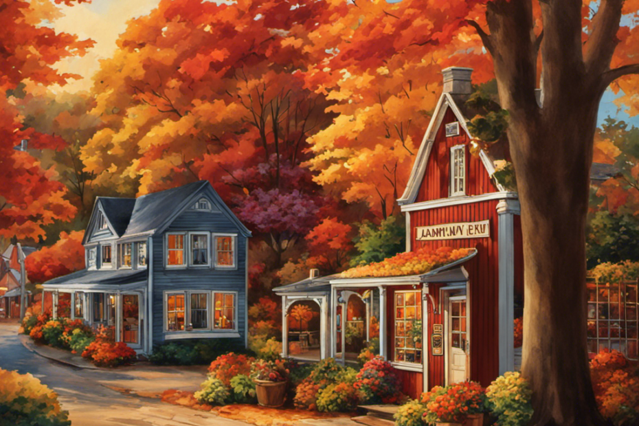 An image showcasing the cozy ambiance of Fairhaven, MA, with a backdrop of vibrant autumn foliage