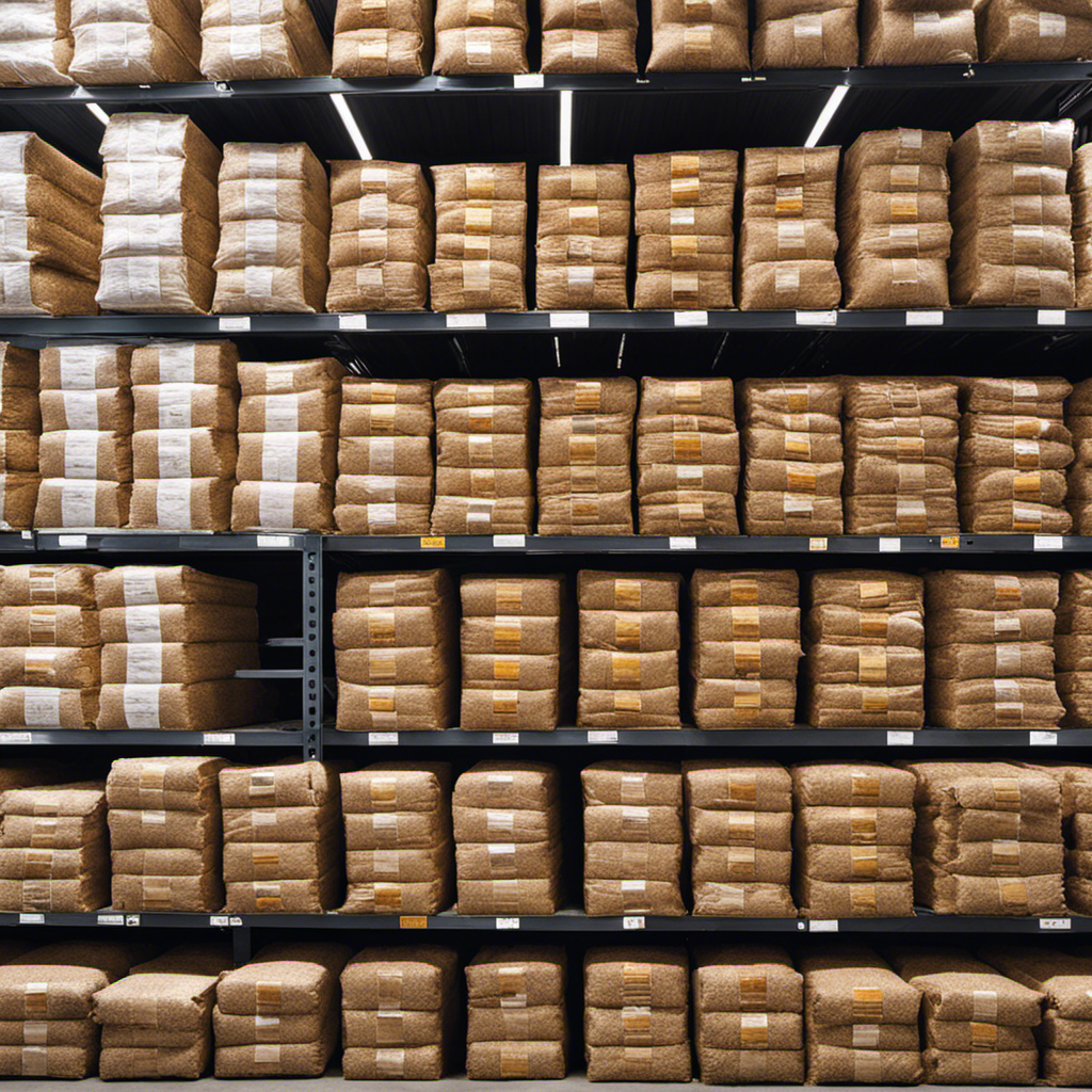 An image showcasing a neatly organized warehouse filled with stacks of various wood pellet binder materials, displayed in different colors and packaging