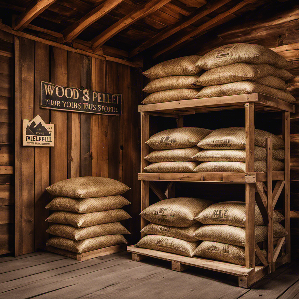 An image showcasing a neatly arranged display of various wood pellet fuel bags, stacked on sturdy wooden pallets, surrounded by a rustic wooden shed with a sign reading "Wood Pellet Fuel: Your Trusted Source