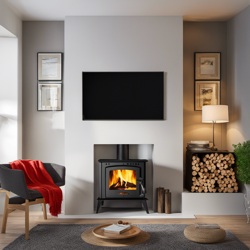 An image that showcases a cozy living room with a blazing pellet stove, surrounded by neatly stacked bags of premium wood pellets in various vibrant colors, available for purchase from reliable local suppliers