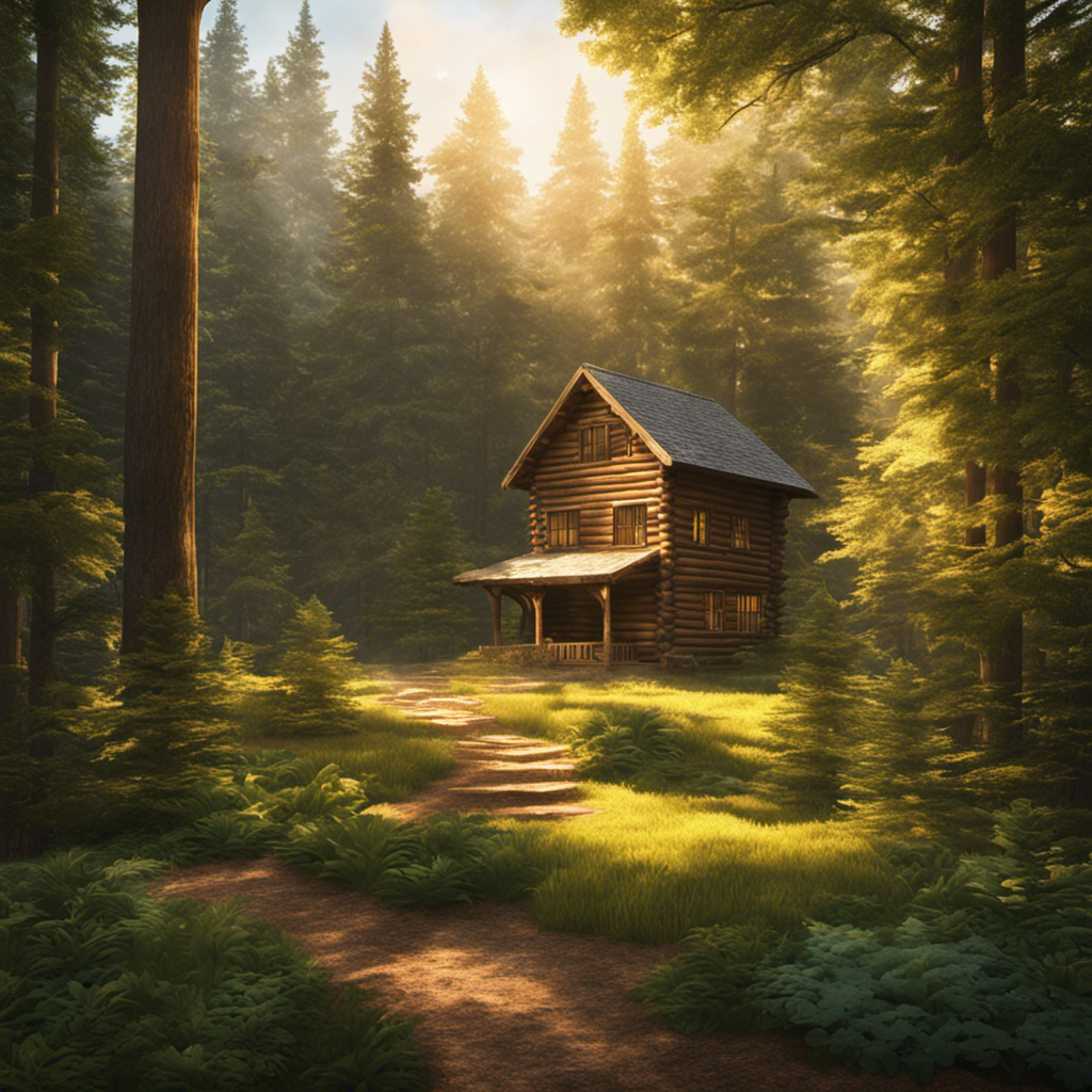 An image showcasing a serene forest scene, with rays of sunlight filtering through towering trees