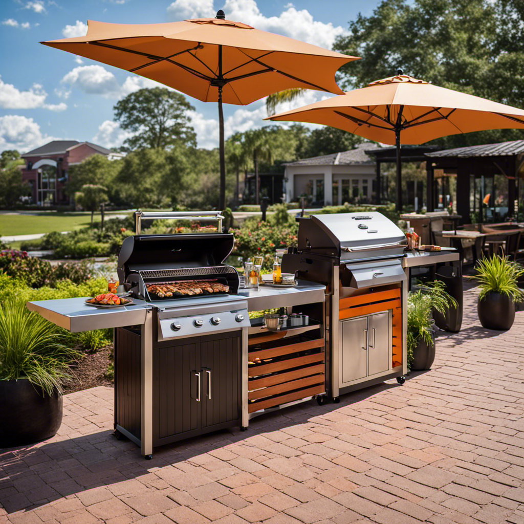An image showcasing a vibrant outdoor marketplace in Gainesville, Florida, adorned with a diverse range of wood pellet grills