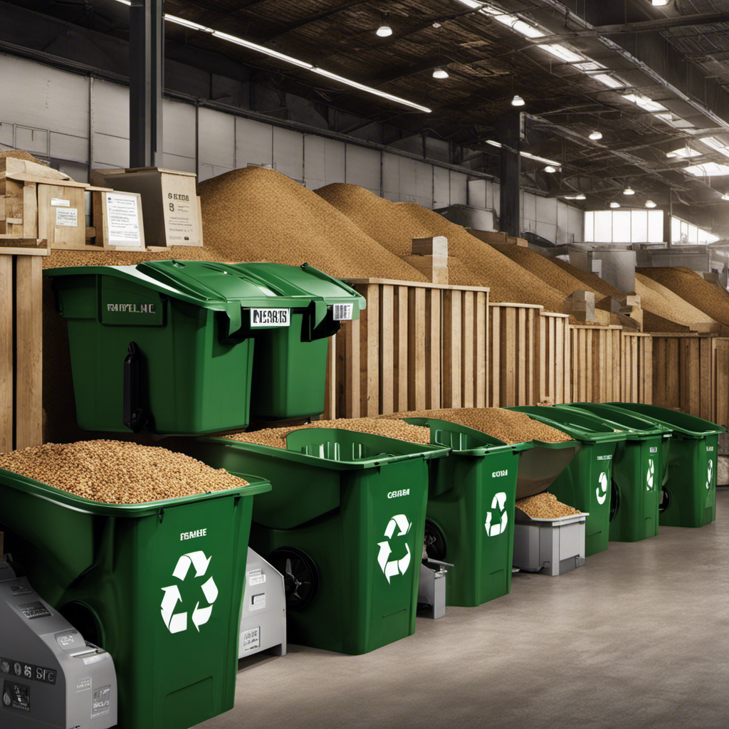 An image depicting a recycling center with separate labeled bins for wood pellet bags