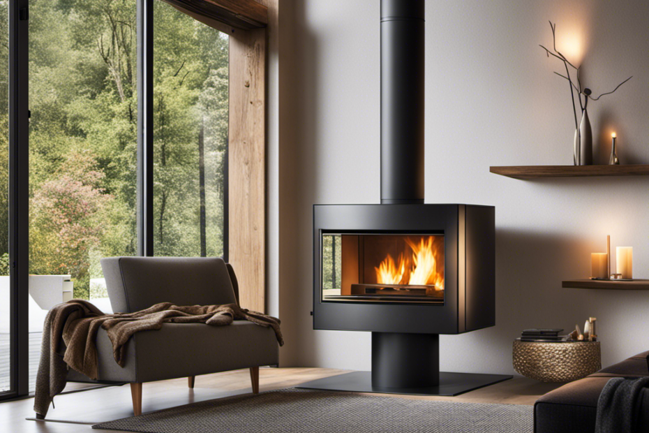 An image showcasing a cozy living room with a crackling wood burning stove at one side, emitting warm and flickering flames, while a sleek modern pellet stove stands elegantly on the other side, emanating a gentle, comforting glow