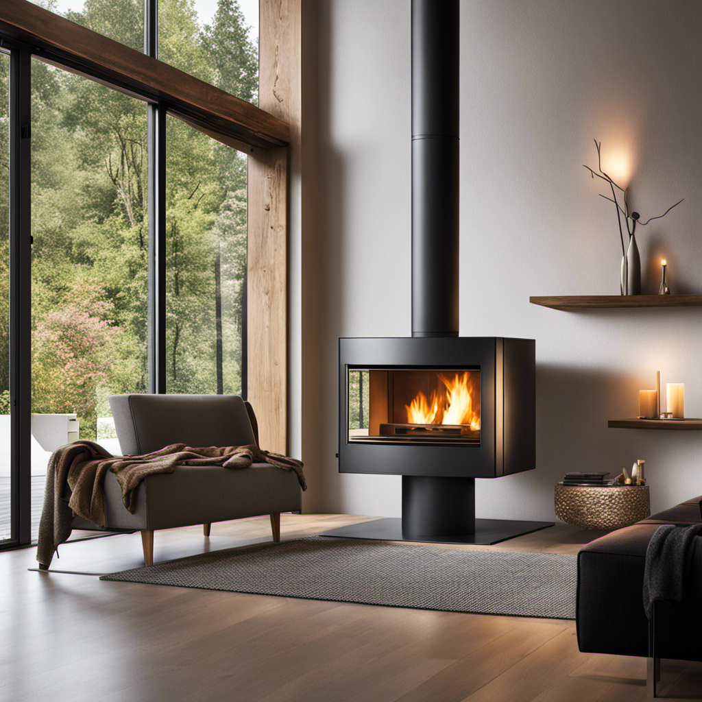 An image showcasing a cozy living room with a crackling wood burning stove at one side, emitting warm and flickering flames, while a sleek modern pellet stove stands elegantly on the other side, emanating a gentle, comforting glow
