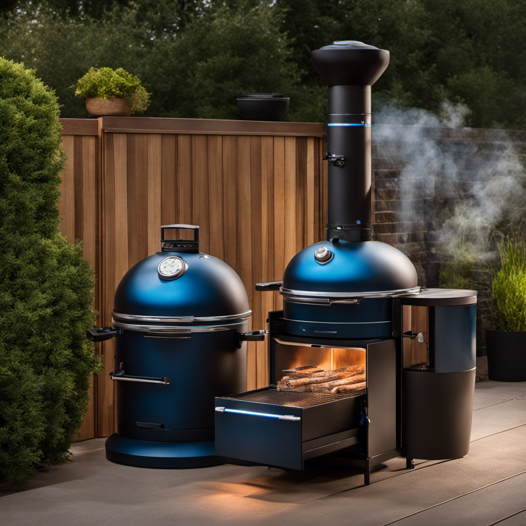 An image showcasing a serene backyard patio with two distinctly different smokers: a sleek, modern pellet smoker emitting a subtle blue glow, and a rustic wood smoker enveloped in aromatic wisps of smoke