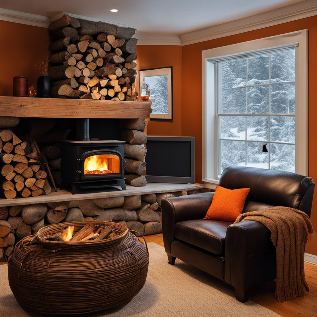 An image showcasing a cozy living room with a crackling wood stove, adorned with a stack of logs nearby