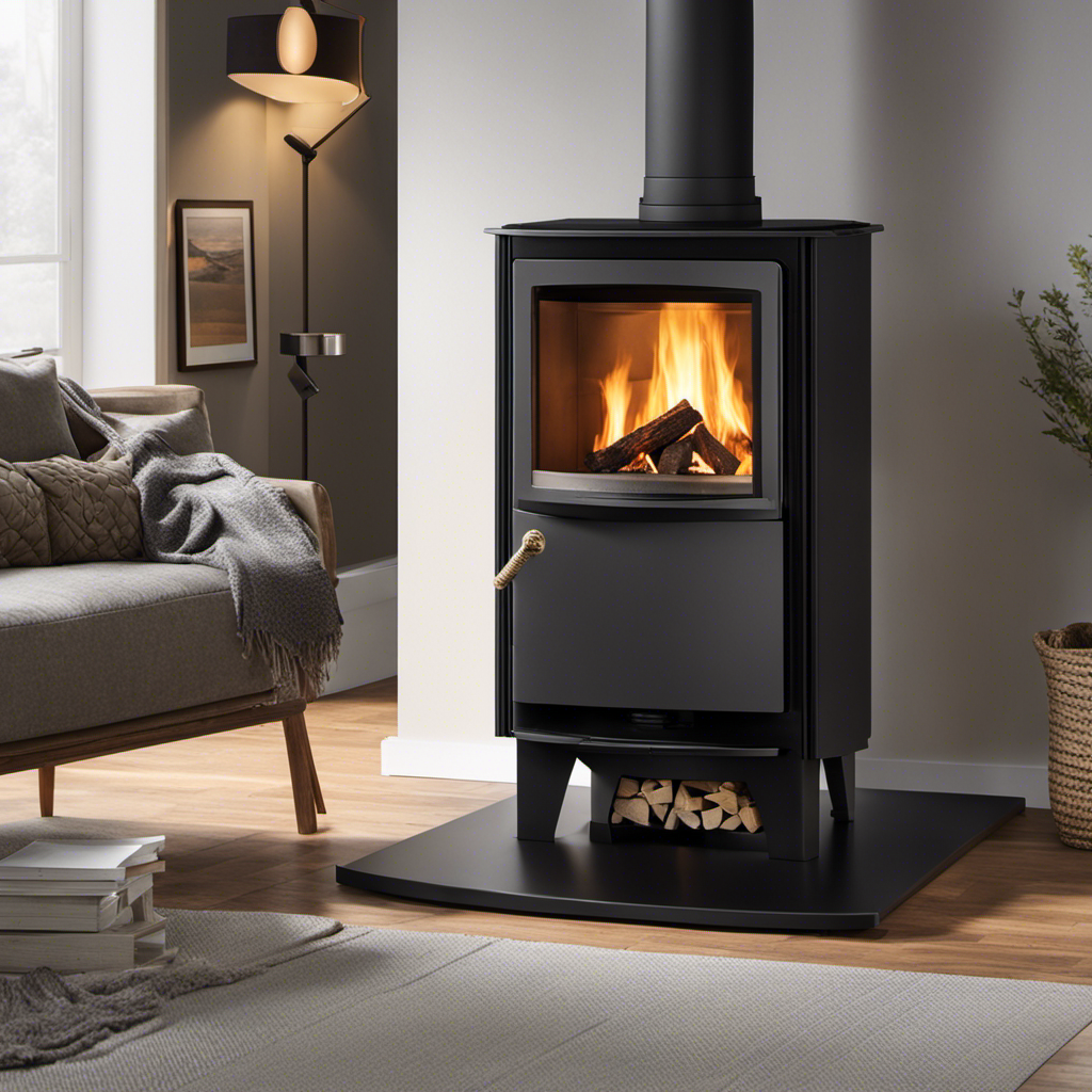 An image showcasing a cozy living room with a modern pellet stove tucked in one corner, emitting a warm, clean flame, while a traditional wood burner sits in the opposite corner, releasing a smoky haze into the air